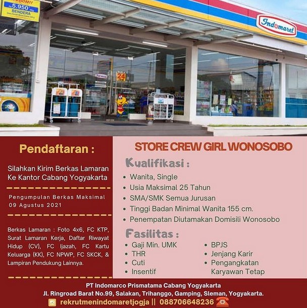 lowongan kerja store crew girl indomaret wonosobo