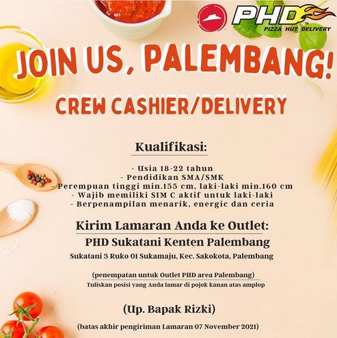 lowongan crew cashier phd palembang